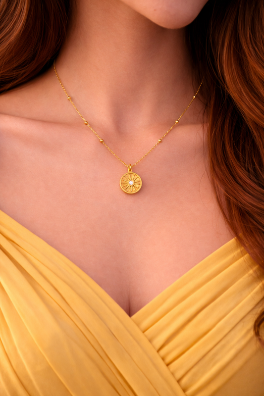 Gold Sun Charm Pendant Necklace | Minimal Radiant Disc Necklace for Women