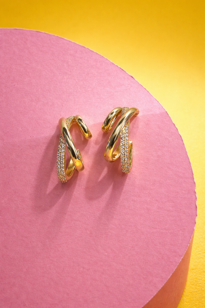 Gold Tone Double Hoop Earrings for Women | Crystal Studded Twist Design | Elegant Minimal Statement Earrings