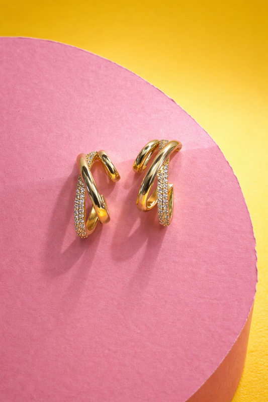 Gold Tone Double Hoop Earrings for Women | Crystal Studded Twist Design | Elegant Minimal Statement Earrings