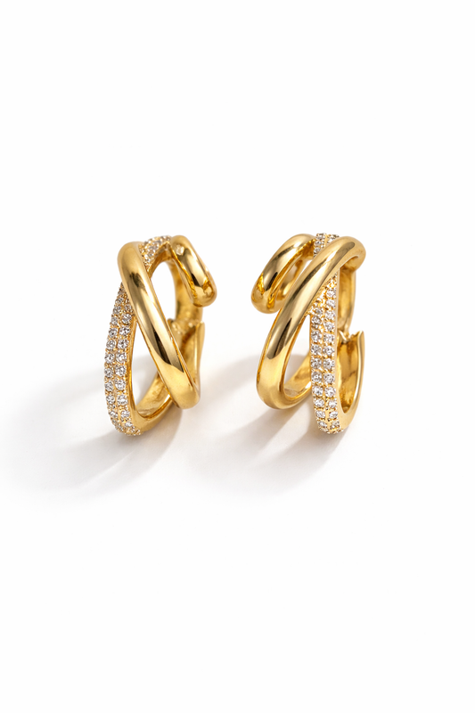 Gold Tone Double Hoop Earrings for Women | Crystal Studded Twist Design | Elegant Minimal Statement Earrings