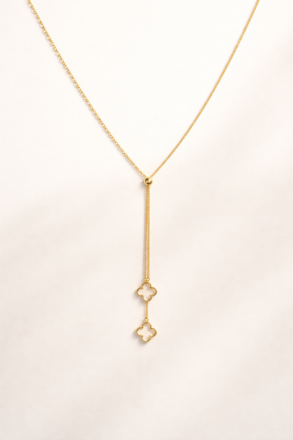 Elegant Gold Lariat Necklace with Clover Charms | Minimal Designer Pendant for Women