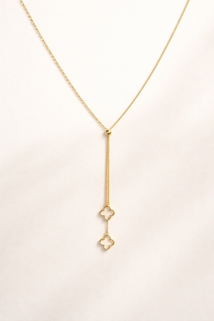 Elegant Gold Lariat Necklace with Clover Charms | Minimal Designer Pendant for Women