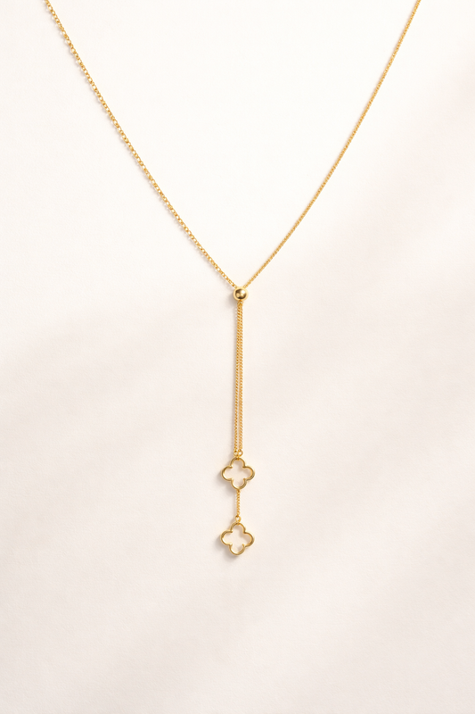 Elegant Gold Lariat Necklace with Clover Charms | Minimal Designer Pendant for Women