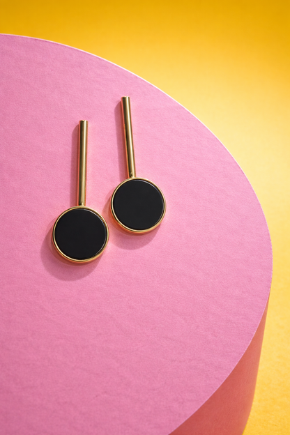 Black Round Drop Earrings for Women | Gold Tone Minimal Bar Design | Modern Statement Earrings