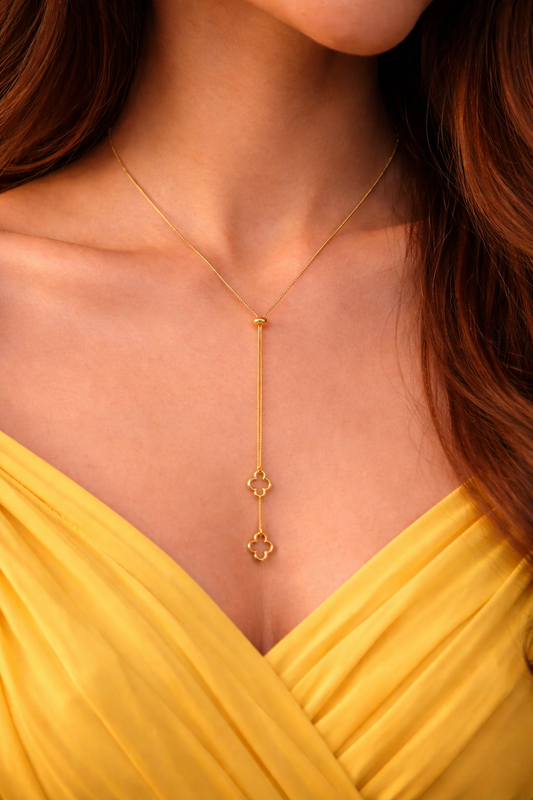 Elegant Gold Lariat Necklace with Clover Charms | Minimal Designer Pendant for Women