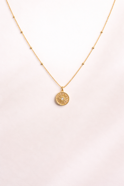Gold Sun Charm Pendant Necklace | Minimal Radiant Disc Necklace for Women