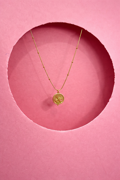 Gold Sun Charm Pendant Necklace | Minimal Radiant Disc Necklace for Women